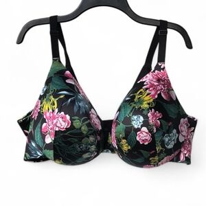 Cacique Black Cactus Floral Back Smoother Lightly Lined Full Coverage Bra 46DD